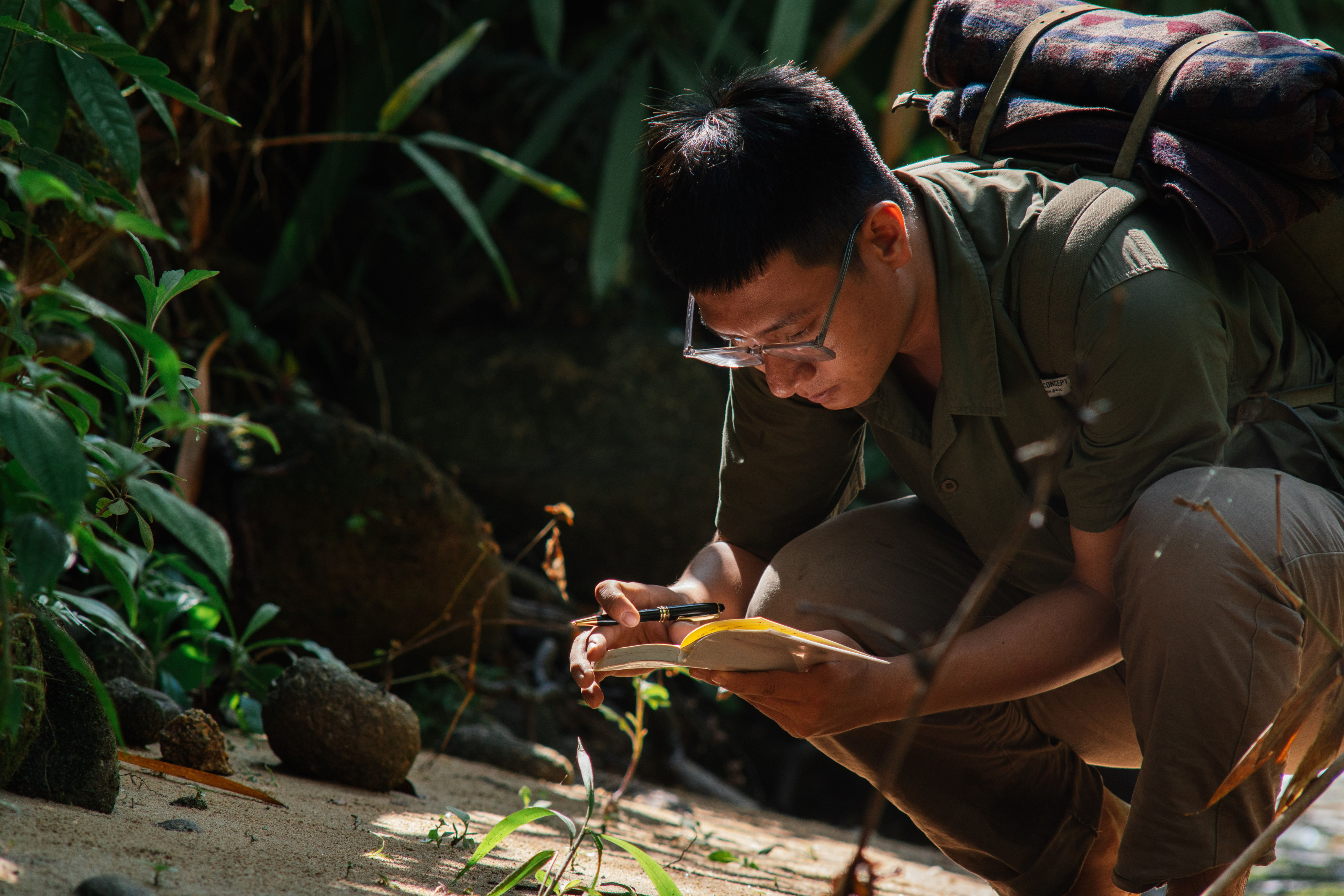 A researcher crouches to record field notes in a notebook amid dense forest vegetation.