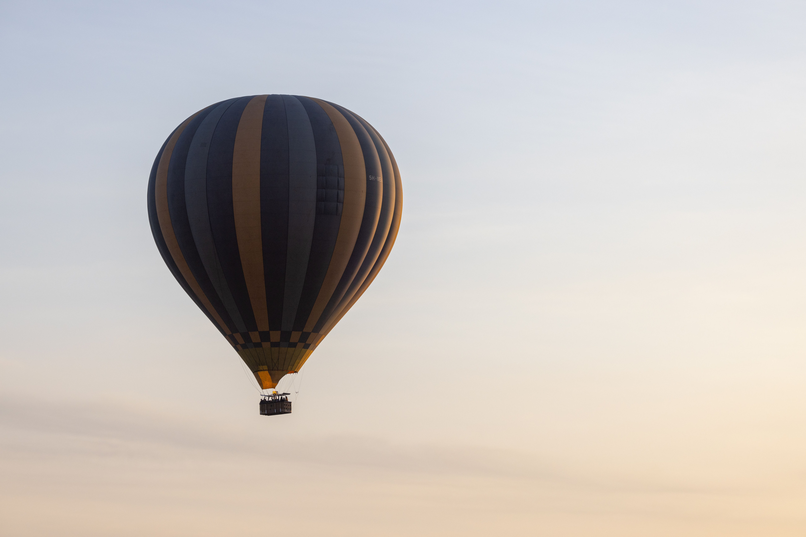 A hot air balloon drifts calmly across a glowing dawn sky over the plains.