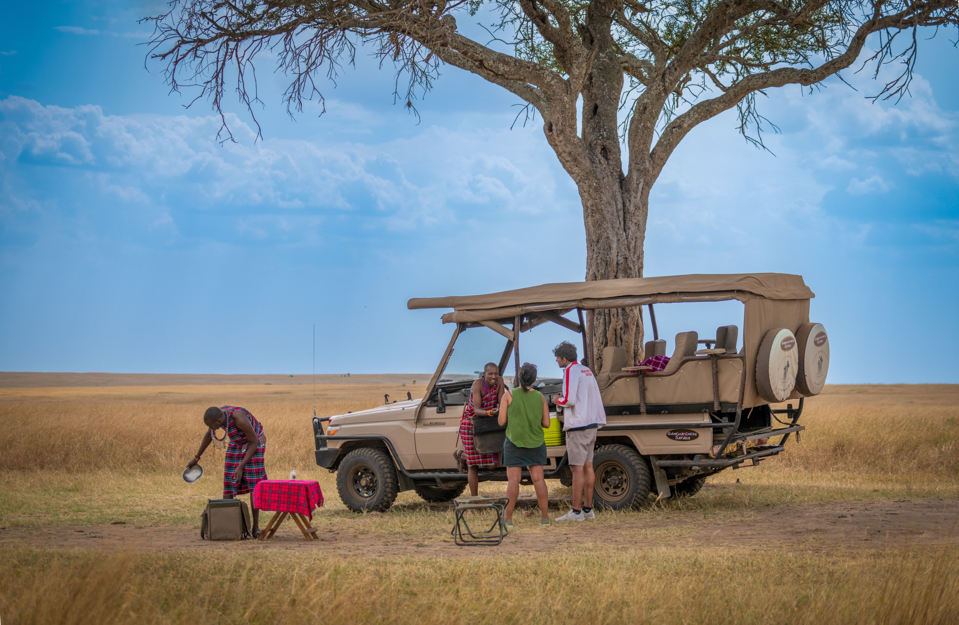 A group of travellers on safari pausing beside a wide acacia tree on the plains.