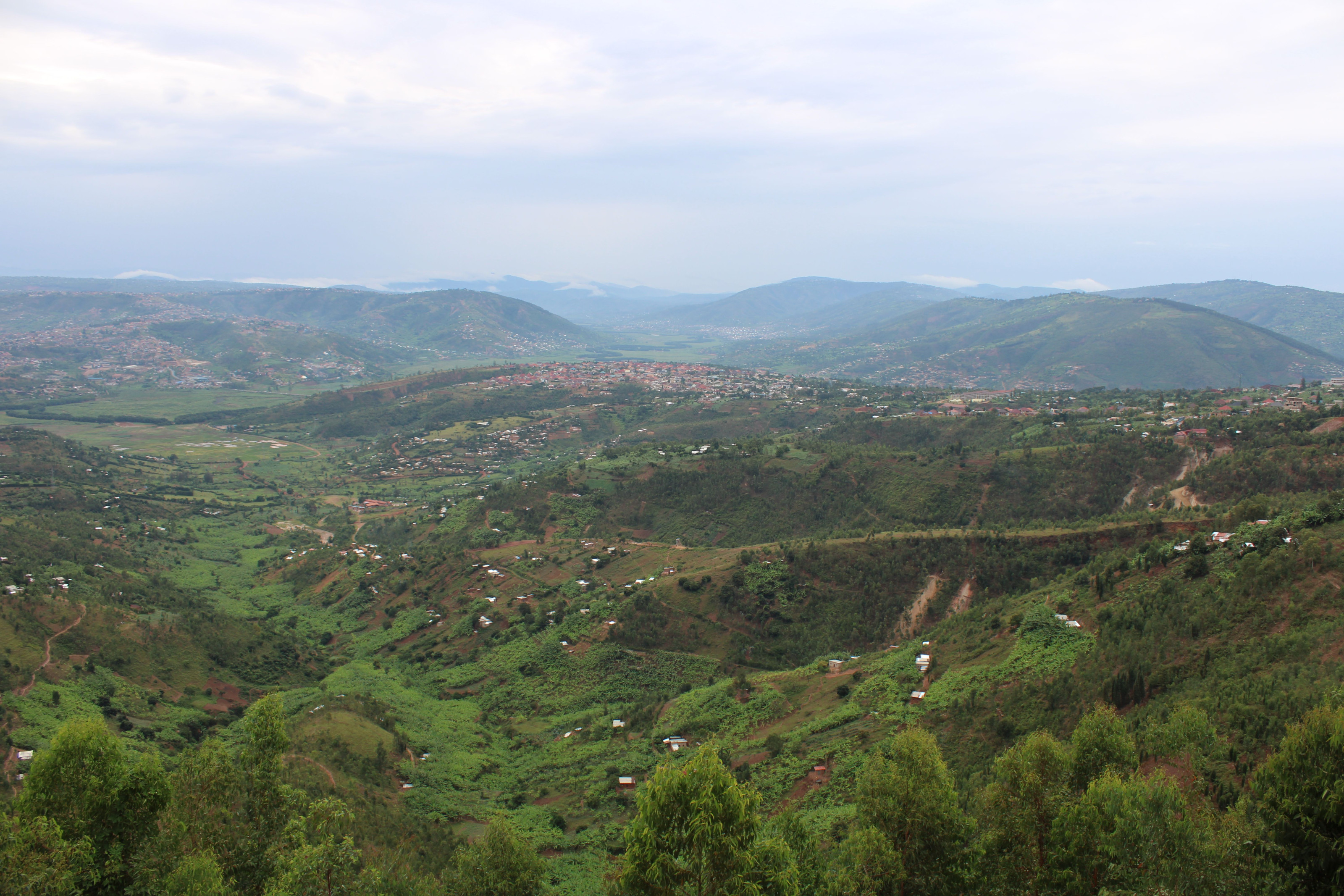 Kigali's lush green hills and valleys stretch into the distance in this aerial view.